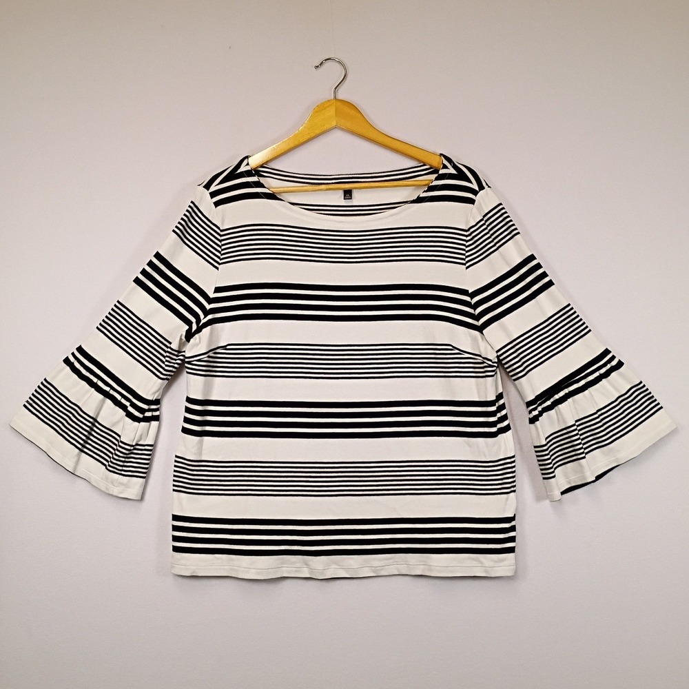 Nautical Preppy Talbots Womens XL Black White Striped Bell Sleeve Cotton Top